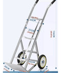 Heavy Duty Two Wheel Gas Cylinder Hand Truck And Oxygen Tank Rolling Cart dimensions showing stainless steel frame and wheels.