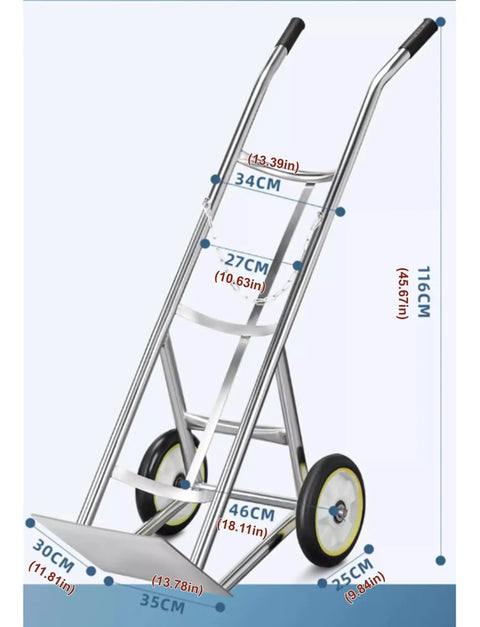 Heavy Duty Two Wheel Gas Cylinder Hand Truck And Oxygen Tank Rolling Cart dimensions showing stainless steel frame and wheels.