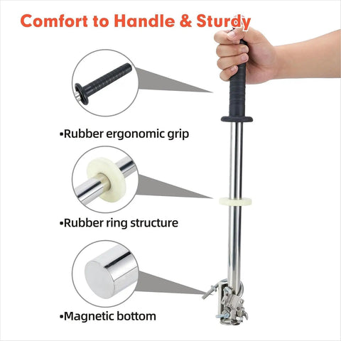 Magnetic Pickup Tool Wand With Release Handle For Nails Screws And Metal Scraps with rubber grip and magnetic bottom.