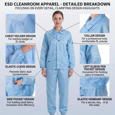 Women Anti Static Esd Cleanroom Uniform Jacket And Pants Set Real American Cut design details view showing pockets and features.
