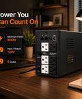 Rock Solid 1500VA 800W UPS Battery Backup And Surge Protector With Six AC Outlets And LCD Display back view showing outlets and inputs.