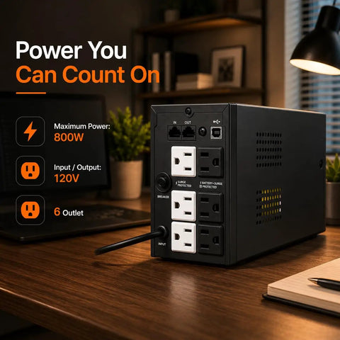 Rock Solid 1500VA 800W UPS Battery Backup And Surge Protector With Six AC Outlets And LCD Display back view showing outlets and inputs.