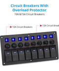 8 Gang Waterproof Toggle Rocker Switch Panel With Blue LED Indicator 12V 24V Marine Grade Circuit Breakers Kit, front view