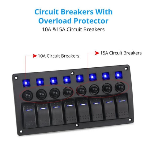 8 Gang Waterproof Toggle Rocker Switch Panel With Blue LED Indicator 12V 24V Marine Grade Circuit Breakers Kit, front view