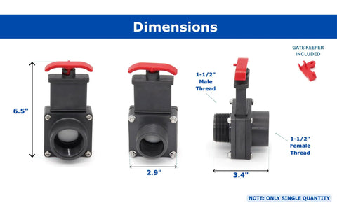 Diagram showing Must Have 1.5 Inch Gate Valve Full Shut Off For Above Ground Pools Threaded Male To Female Adapter dimensions.