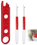 4 In 1 Automatic Sewing Needle Threader With Magnifier And Seam Guide Built In Dual Scale Ruler For Quick Threading Handy For Quilting And Alterations Includes 2 Seam Rippers In Red, shown with ruler and seam rippers.