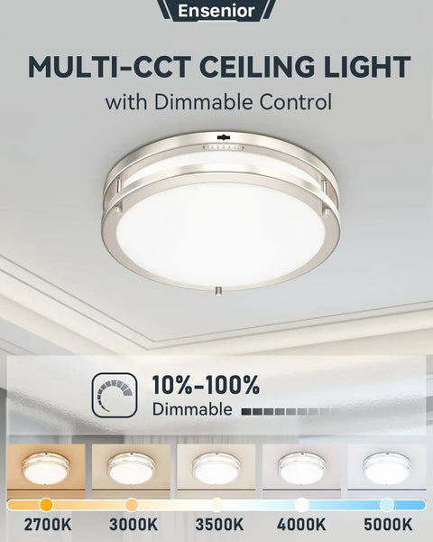 10 Inch LED Flush Mount Ceiling Light With Dimmable Glass Shade And 5 CCTs 2700K To 5000K Brushed Nickel in living room