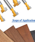 Five Piece T Slot Router Bit Set For T Track Grooving With Tough Carbide Cutters displayed above plywood, MDF, and hardwood samples.