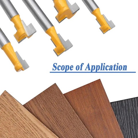 Five Piece T Slot Router Bit Set For T Track Grooving With Tough Carbide Cutters displayed above plywood, MDF, and hardwood samples.