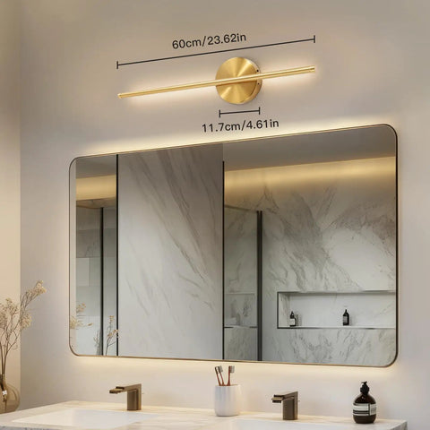 Rechargeable Wireless Wall Sconces Set Of Two 24 Inch gold finish lamp above a bathroom mirror, measuring 60cm.