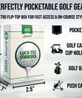 Flip Top Golf Tee Holder With Vintage Pocket Case And 18 Bamboo Tees Retro Style Golf Accessory shown with dimensions