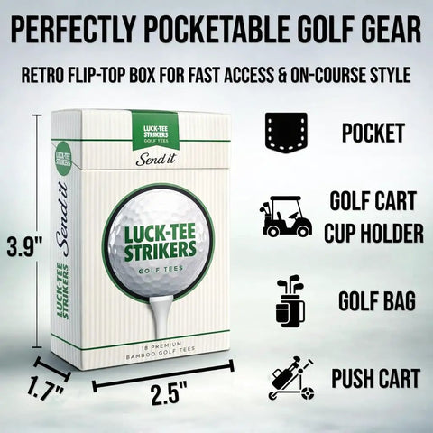 Flip Top Golf Tee Holder With Vintage Pocket Case And 18 Bamboo Tees Retro Style Golf Accessory shown with dimensions