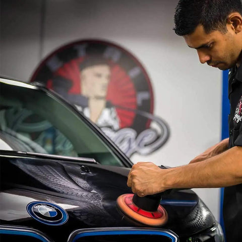 Man using Quantum Best Of The Best Buffing And Polishing Pad Kit on car with DA polisher for a pro-grade shine