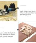 Image of a biscuit joiner cutting into wood, showcasing 100 Piece Pack Beech Wood Joining Biscuits Deliver Rock Solid Bonds When Gluing Wooden Boards Together While Making Carpentry Work Dead Simple With Every Biscuit Joiner.