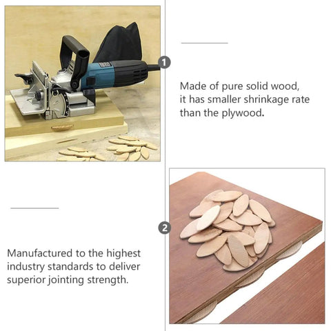 Image of a biscuit joiner cutting into wood, showcasing 100 Piece Pack Beech Wood Joining Biscuits Deliver Rock Solid Bonds When Gluing Wooden Boards Together While Making Carpentry Work Dead Simple With Every Biscuit Joiner.