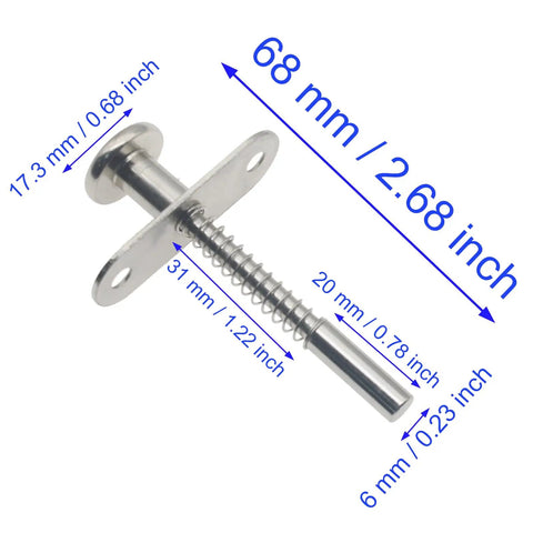 Rock Solid Metal Plunger Latches Heavy Duty Spring Load Door Catches Silver Finish with dimensions 68mm length and 17.3mm shaft.