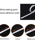 Precision Folding Tape Measure And Measuring Ruler Kit For Tough Woodworking Jobs High Visibility White Finish, showing reverse adhesive scale.