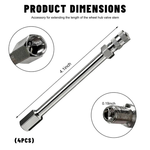 4 Pack Valve Stem Extenders For Cars Trucks ATVs And Motorcycles 100mm Heavy Duty Metal Wheel Extension Rod with dimensions