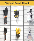 Heavy Duty Slatwall Hooks 8 Pack For Garage Organization Black J Hooks Wall Mounts For Tools And Gear Easy Install With Proslat Crownwall StoreWALL HandiWall NewAge Gara holding various tools on white slatwall