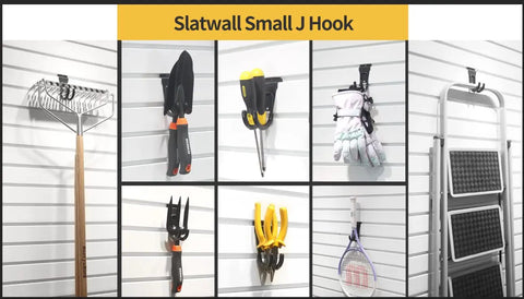 Heavy Duty Slatwall Hooks 8 Pack For Garage Organization Black J Hooks Wall Mounts For Tools And Gear Easy Install With Proslat Crownwall StoreWALL HandiWall NewAge Gara holding various tools on white slatwall