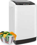 Heavy Duty Portable Washer With Slow Close Glass Lid Compact 20 Lbs Laundry Machine For Dorms And Tiny Apartments beside a laundry basket with colorful clothes.