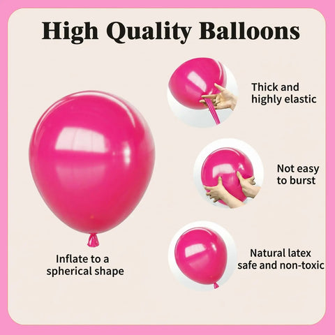 Close-up of hot pink balloon from Hawaiian Summer Balloon Arch Kit With 129 Pieces In Hot Pink Teal Blue Lime Green Yellow Orange And Confetti For Totally Dope Tropical Party Vibes And Easy Indoor Outdoor Celebrations.