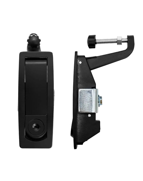 QWORK large hand-operated compression latch with flush lever; black finish, front and side views