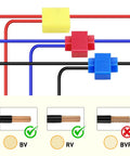 100 Piece Quick Splice Solderless Wire Connectors T Tap Kit, Insulated Terminal Assortment shown installed on color-coded wires