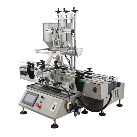 Heavy Duty Automatic Paste Filling Machine With Integrated Conveyor Belt And Dual Piston Nozzles 50L Hopper view with stainless steel body and digital controls.