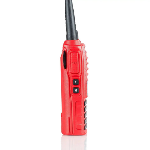 Side view of Beefy 7W Dual Band Ham Radio Portable Two Way with VHF 136 174 MHz and UHF 400 520 MHz VOX features in red casing