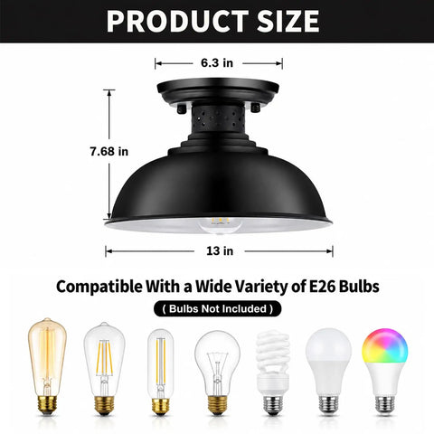 2 Pack Semi Flush Mount Ceiling Light Fixtures Farmhouse Black Industrial Metal Cage Kitchen Hallway Entryway Bedroom Laundry Lights With E26 Base 13 Inch Wide Bulbs Not Included, black metal light with suitable bulb styles shown