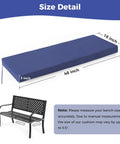 All Weather Outdoor Bench Cushion 48x18x3 Inch Navy Blue Waterproof Seat Pad shown with size measurements and bench illustration