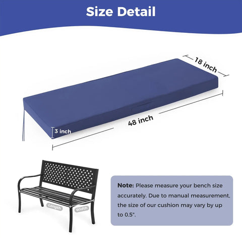 All Weather Outdoor Bench Cushion 48x18x3 Inch Navy Blue Waterproof Seat Pad shown with size measurements and bench illustration