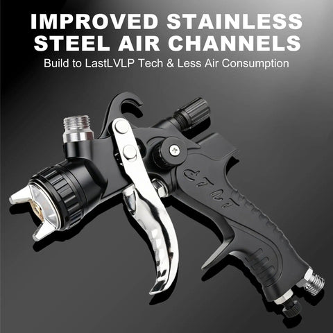 No Cap Legit Pro Grade Lvlp Spray Gun For Automotive Painting With 22 Oz Cup showing stainless steel air channels and black grip.