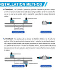 Diagram of installation methods for ultrasonic flow meter clamp on digital liquid flow meter wall mounted with medium transducer.