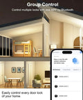 Modern home with phone app displaying biometric smart door lock control for home office, secure digital lock integration.