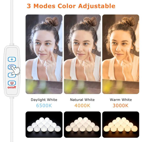 Hollywood Vanity Mirror Lights With 14 LED Bulbs 3 Color Temperatures And 10 Step Dimmable Brightness display with daylight, natural, and warm modes