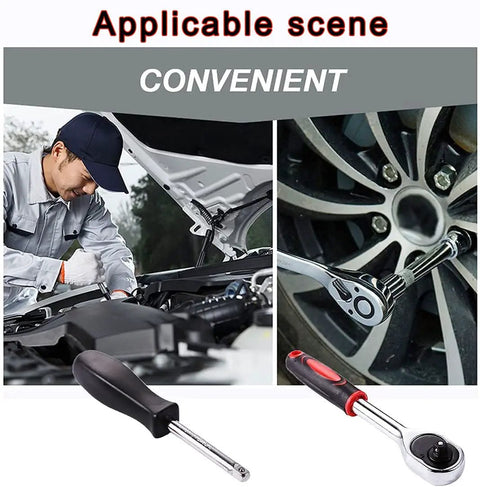 Heavy Duty Drive Socket Set With SAE And Metric Sizes, Ratchet Wrench Kit shown in car and wheel repair scenes