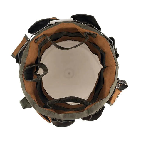 Top view of Five Gallon Bucket Canvas Tool Organizer With 56 Pockets 40 Outside 18 Inside Interior Loops in brown and green poly ripstop.