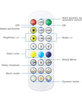 Remote control for 6-Hole RGB Fiber Optic Headliner Starlight Kit With APP Control, shows various light and music modes.