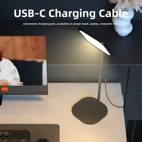 Desk setup with 10 Inch Ring Light For Computer And Video Calls With Stand And Phone Holder, USB-C cable shown