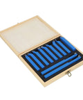 Rock Solid 11 Piece Lathe Tool Set With Carbide Tips in wooden case, featuring blue carbide-tipped tools for precision machining.