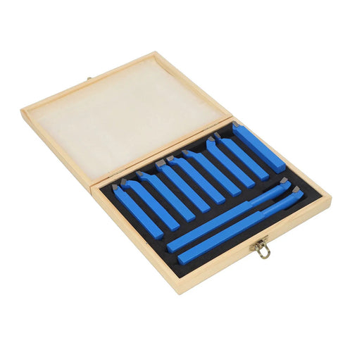 Rock Solid 11 Piece Lathe Tool Set With Carbide Tips in wooden case, featuring blue carbide-tipped tools for precision machining.