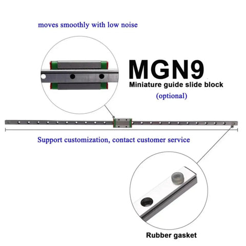 Top Notch 9mm MGN9 Linear Guide Rail With Matching Slider Block For Smooth Precision Motion Control In Diy CNC Router Projects And Heavy Duty Machinery Build Kits At 330mm Length with rail and block details.