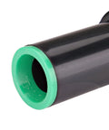 Compression Swivel Adapter With Washer Connects One Half Inch Drip Tubing To Three Quarter Inch MPT Pipe Easy Hose Bib FHT Connection Built In Swivel To Prevent Kinks Durable Black Finish For Garden Irrigation Systems, close-up black adapter with green end