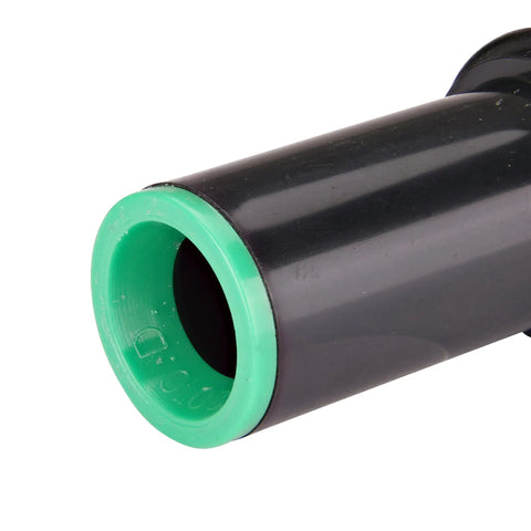 Compression Swivel Adapter With Washer Connects One Half Inch Drip Tubing To Three Quarter Inch MPT Pipe Easy Hose Bib FHT Connection Built In Swivel To Prevent Kinks Durable Black Finish For Garden Irrigation Systems, close-up black adapter with green end
