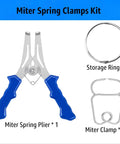 14 Piece Miter Spring Clamp Kit For Woodworking With Miter Pliers And 12 Clamps Plus Storage Ring shown with tools displayed