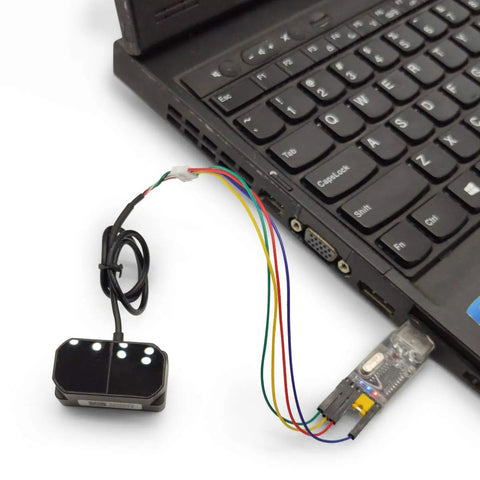 TFmini Plus LiDAR Sensor Module For Drones And Robots, 0.1-12m Range, connected to a laptop for data analysis and setup