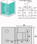 Heavy Duty Two Pack 180 Degree Glass Door Hinges Rock Solid 304 Stainless Steel Pivot For Frameless Showers And Cabinets Auto Spring Back With Zero Hassle Mounting Hardware Included with dimensions and cutout guide.