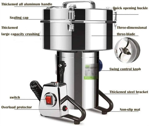 Beast Mode High Speed 2500G Stainless Steel Grain Grinder Mills with three-dimensional blade and overload protector